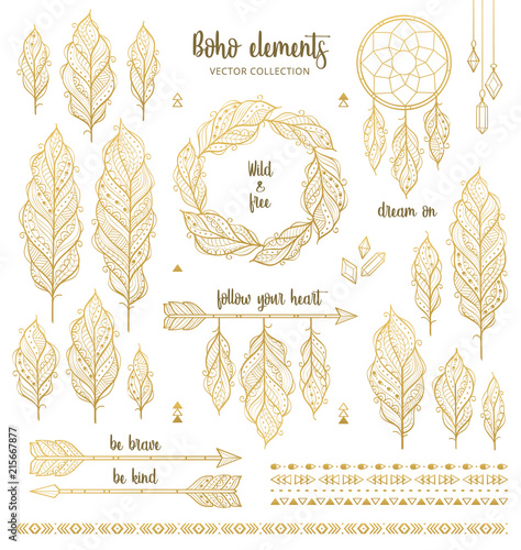 Set of boho style hand drawn elements in golden color. Boho design elements collection with ethnic feathers, arrows, dream catcher, wreath, borders and inspirational quotes