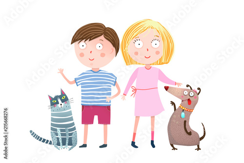 Young kids and domestic animals cartoon. Vector illustration.