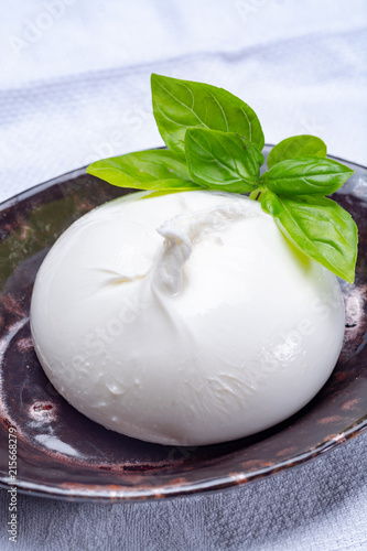 Fresh soft white burrata, ball buttery cheese, made from a mix of mozzarella and ricotta cream, original from Apulia region, Italy, very popular soft cheese in USA