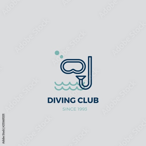 Logo for scuba diving club and diving school. Concept for logo, shirt, print or stamp. Typography design with diving mask with snorkel for Diving, Sport water, and Underwater activities