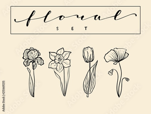 Hand drawn flower line icons. Minimalist narcissus, daffodil, poppy, tulip iris plants, simple botanical elements, minimal fine line tattoo sketch design. Vector set