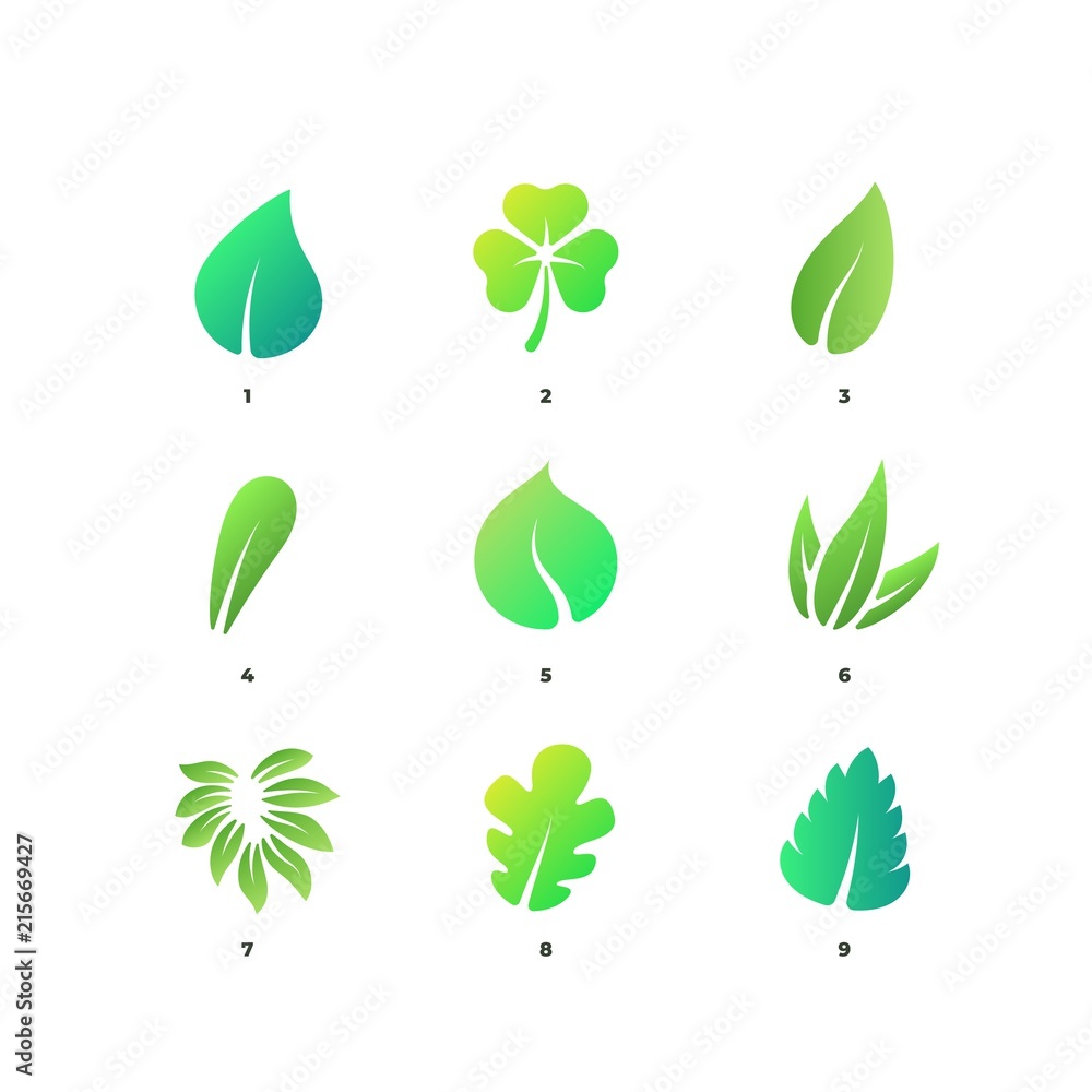 Vector gradient set of green leaves. Nature design template Vector gradient set of green leaves. Nature design template