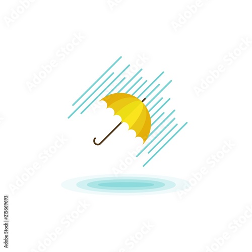 Flat vector illustration of yellow umbrella in rainy day. Flat concept of bad weather