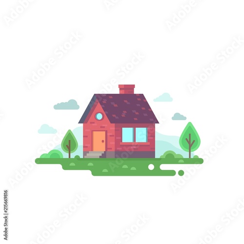 Flat vector illustration of cartoon landscape with beautiful house, trees, bushes and clouds