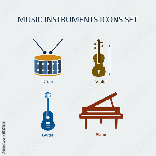 Colored music instruments icons set. Vector