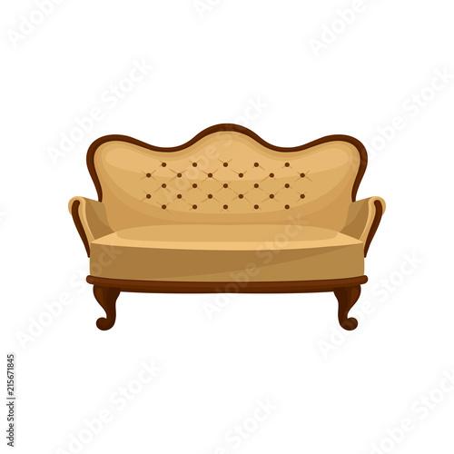 Flat vector icon of classic vintage couch. Wooden sofa with beige trim. Interior object. Luxury antique furniture for living room