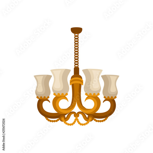 Flat vector icon of antique golden chandelier. Decorative hanging light with four branches for light bulbs