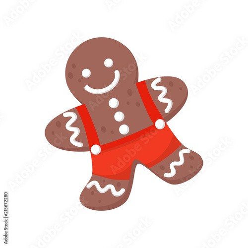 Flat vector icon of gingerbread man decorated with colored icing. Delicious Christmas cookie. Sweet food theme
