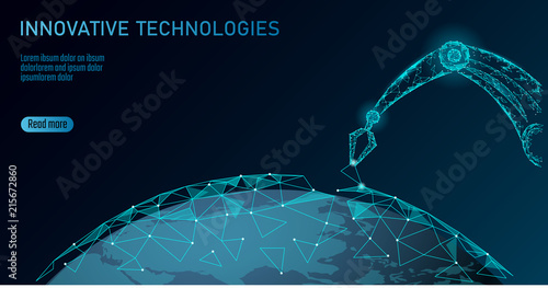 Robot arm low poly manipulator. Earth ecology construct assembly triangle shape. Polygonal connected dots 3D render robotic artificial machinery innovation technology hand vector illustration