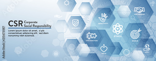 CSR-Social Responsibility Web Banner Icon Set and Web Header Banner w Honesty, integrity, collaboration, etc.