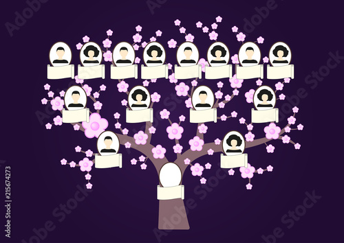 Family tree and nameplate. Pink japanese cherry. Spring flowering tree. Vector illustration