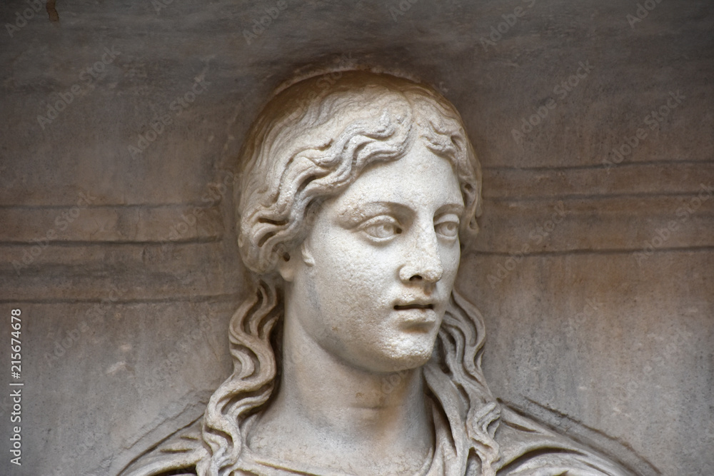 Rome,  marble reliefs, tombstones with written in Latin, in the courtyard in the palace of the Conservatories in the place Capitol.