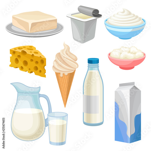Dairy products set, butter, yogurt, bowl of sour cream and cottage cheese, ice cream, jug and glass of milk and cheese vector Illustrations on a white background