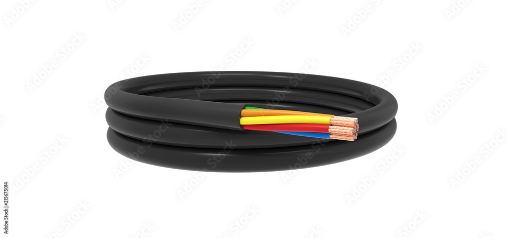 electric wire coiled with six cables on a white background, 3D rendering.