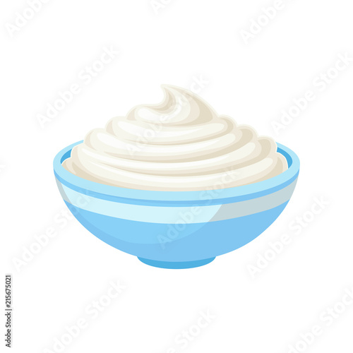 Sour cream in a bowl, healthy fresh dairy product vector Illustration on a white background