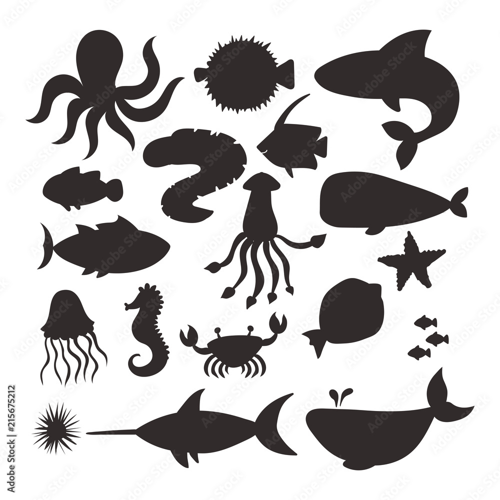 Sea animals vector silhouette creatures characters cartoon ocean