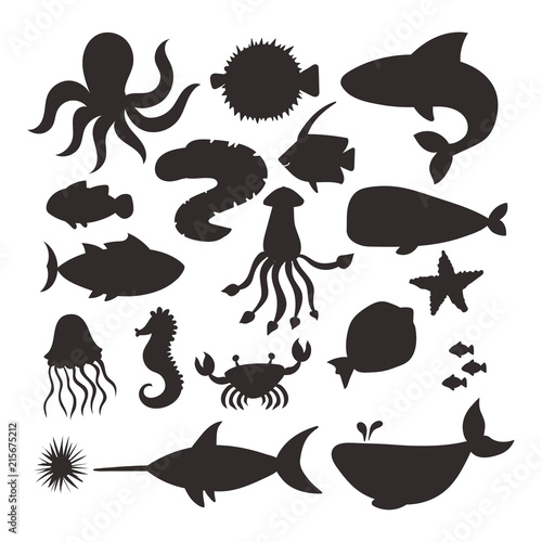Sea animals vector silhouette creatures characters cartoon ocean wildlife marine underwater aquarium life water graphic aquatic tropical beasts illustration.