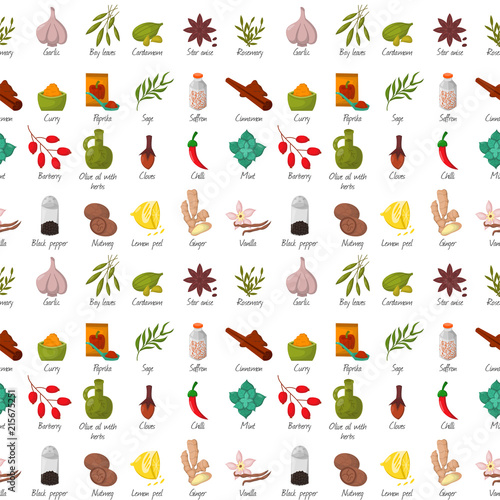 Spices condiments seamless pattern backgroun seasoning food herbs decorative healthy organic relish flavouring vegetable vector illustration.
