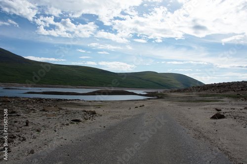 Looking eastwards while standing on a road that is normally submerged under Loch Glascarnoch
