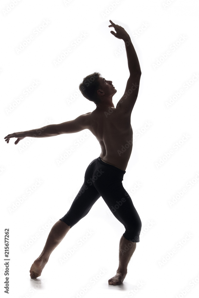 rear view, one young man back, ballet dancer, posing looking up, hand arm raised up. white background, photo shoot.