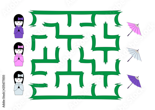 Maze for children. Japanese Kokeshi doll and umbrella on a white background. Help the girl find the way to the umbrella of the right color in the maze. Vector flat illustration