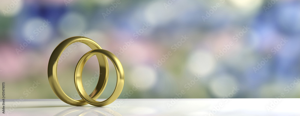 Two golden wedding rings isolated on white table, blur background, banner,  copy space, 3d illustration Stock Illustration | Adobe Stock