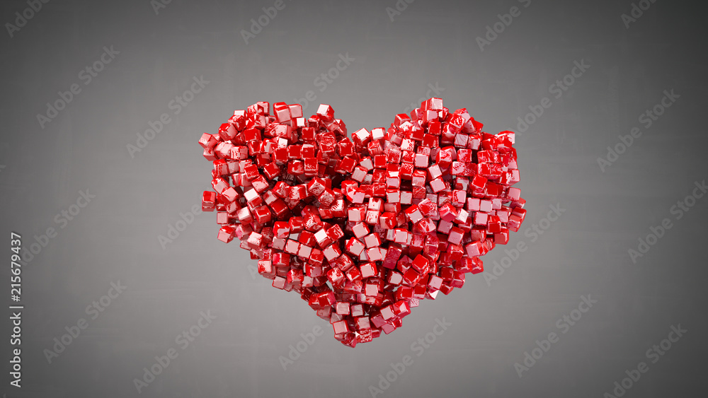 Heart shape of small red glossy pieces 3D render