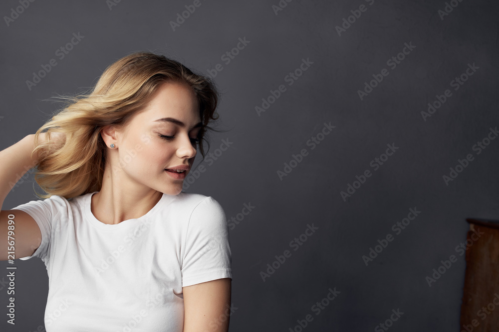 woman on a gray background free space woman on a gray background free space