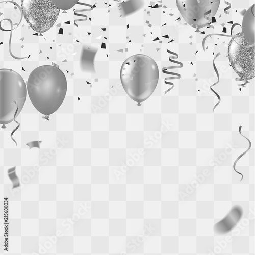 silver balloons, confetti and streamers on white background. Vector illustration.