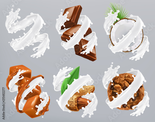 Chocolate, caramel, coconut, almond, biscuits in milk splash. Yogurt 3d realistic vector