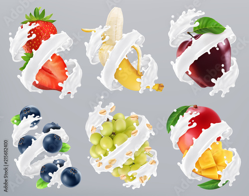Fruits and berries in milk splash, yogurt. Strawberry, banana, apple, blueberry, grapes, mango. 3d realistic vector