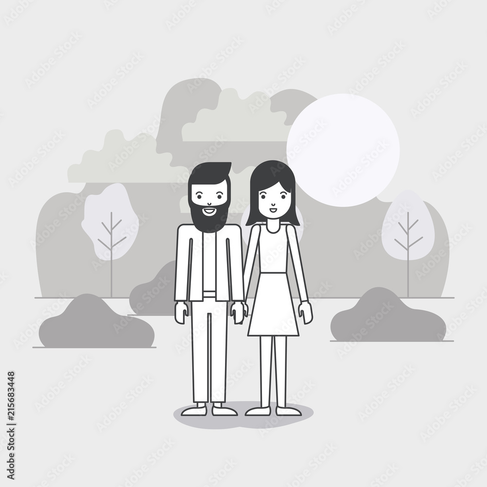 Obraz premium young couple in the field avatars characters vector illustration design