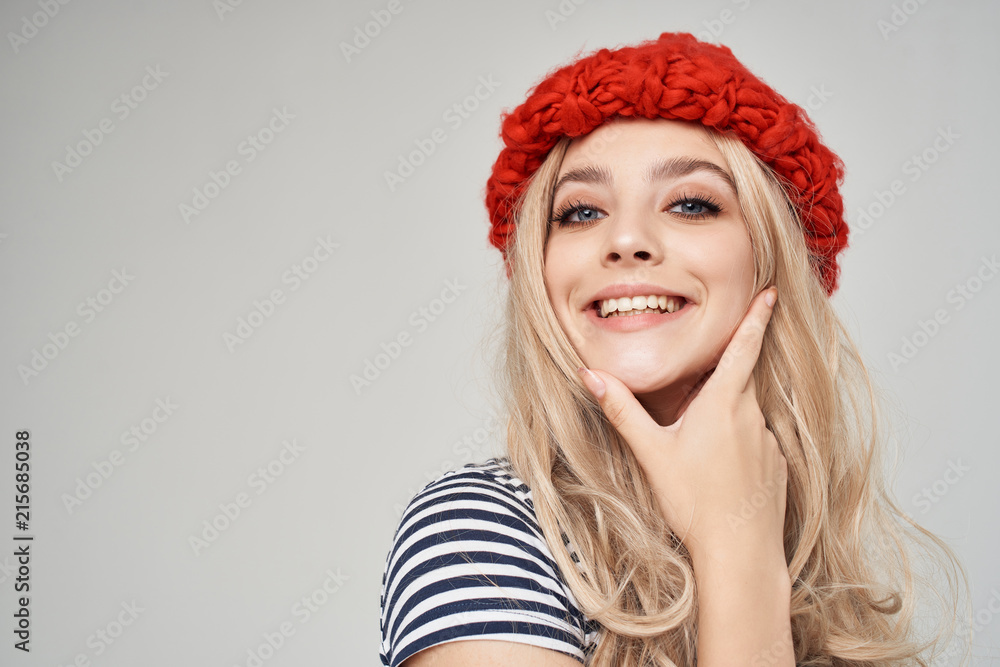 blonde woman in hat smiling portrait blonde woman in hat smiling portrait