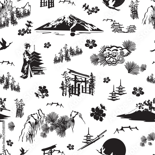 A seamless pattern with miniatures symbolizing Japan. Sakura, kimono, pines, Fuji, torii, lanterns and others.