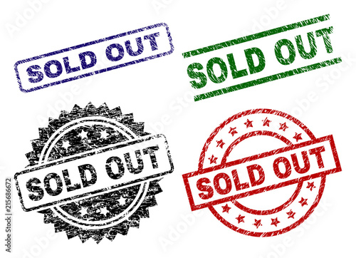 SOLD OUT seal prints with distress texture. Black, green,red,blue vector rubber prints of SOLD OUT text with grunge texture. Rubber seals with round, rectangle, rosette shapes.