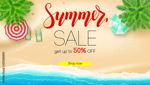 Sale. Summer offer, get up to fifty percent discount. Seashore, sandy beach with deckchairs, sun umbrellas. Reduced prices, template for posters, banners