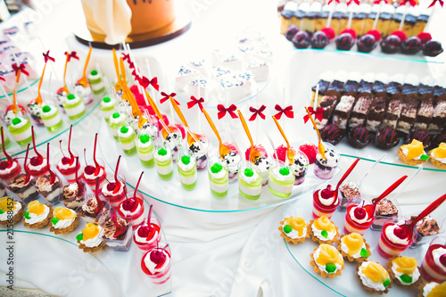 Different kinds of baked sweets on a buffet