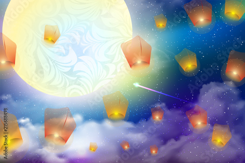 Mid Autumn Festival. Background stars and galaxies. Banner with Moonlight and burning lanterns in the Night Sky and place for text. Vector illustration for card, poster, invitation. China, Hong Kong.