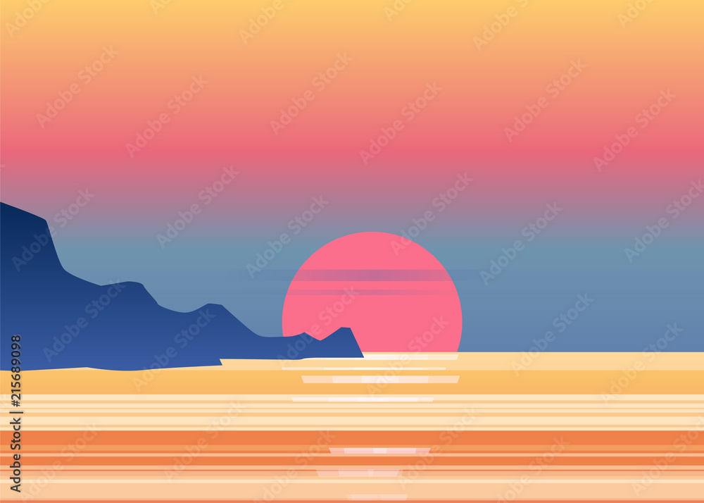 Fototapeta premium Zachód słońca osean, morze, krajobraz z górami i słońcem, wieczór. Panorama gór, zachód słońca, zmierzch, wektor, odizolowane