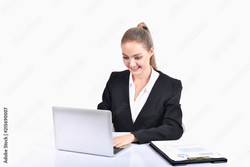 Business Concept. Beautiful young businesswoman looks charming and trustworthy. Young businesswoman has leadership on a white background. Young businesswoman is working happily. Business Concept. Beautiful young businesswoman looks charming and trustworthy. Young businesswoman has leadership on a white background. Young businesswoman is working happily.