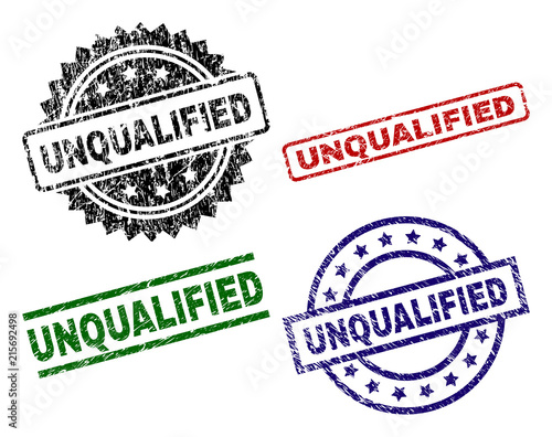 UNQUALIFIED seal prints with damaged style. Black, green,red,blue vector rubber prints of UNQUALIFIED label with grunge style. Rubber seals with round, rectangle, medal shapes.
