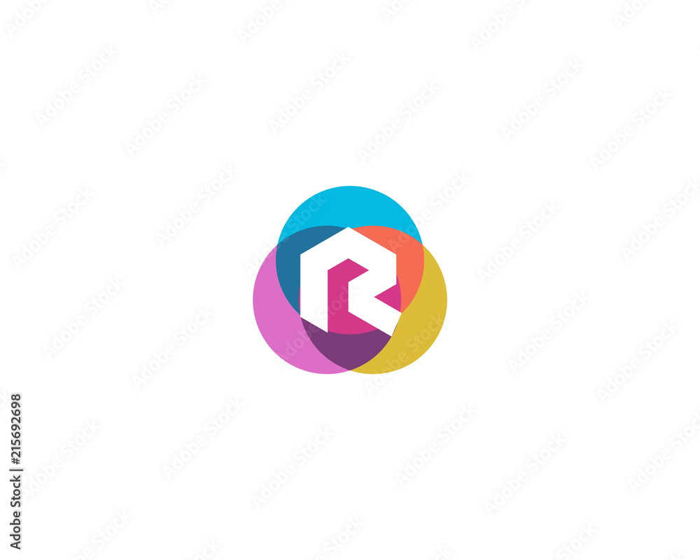 Letter R logo design. Colorful circles overlay icon logotype. Letter R logo design. Colorful circles overlay icon logotype.