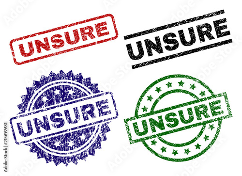 UNSURE seal prints with corroded style. Black, green,red,blue vector rubber prints of UNSURE text with scratched texture. Rubber seals with round, rectangle, medallion shapes.
