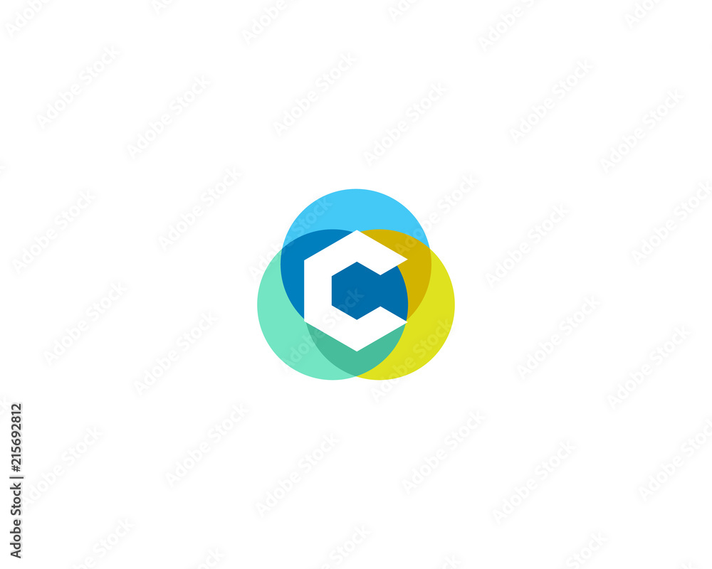 Letter C logo design. Colorful circles overlay icon logotype.