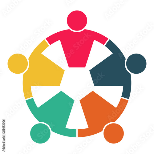 Five people heart in a circle holding hands.The summit workers are meeting in the same power room.