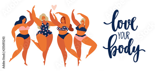 Beauty girls body positive people concept group of happy women different in swimsuit.