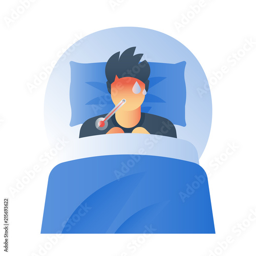 Influenza symptoms, fever concept, high temperature thermometer, sick sweating person, catch a cold, flue virus, feeling ill