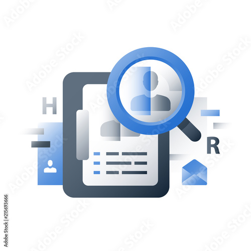 Recruitment agency, human resources, consider candidate, employment concept, magnifying glass and person, job applicant