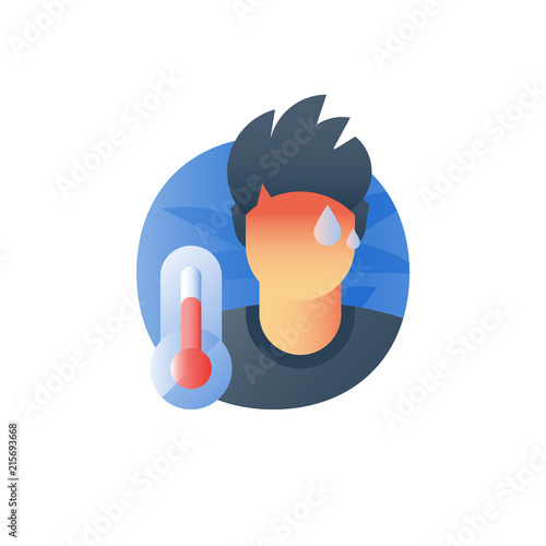 Influenza symptoms, fever concept, high temperature thermometer, sick sweating person, catch a cold, flue virus, feeling ill