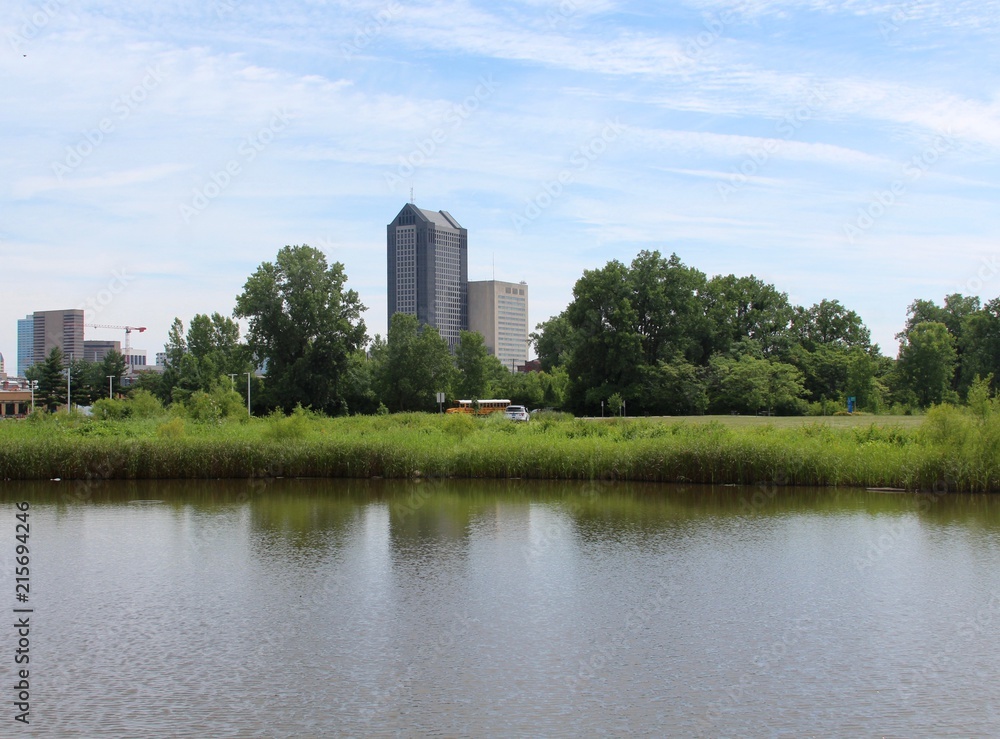 A view of Columbus Ohio from the pond in the park.